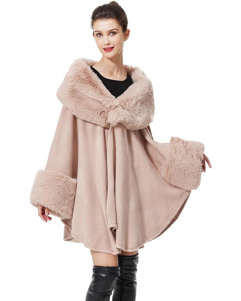 Women Cape Poncho with Fur Trim Winter Faux Fur Shawl Wrap Coat Sleeveless Cardigan Cloak Pink-new Update $31.28 Coats