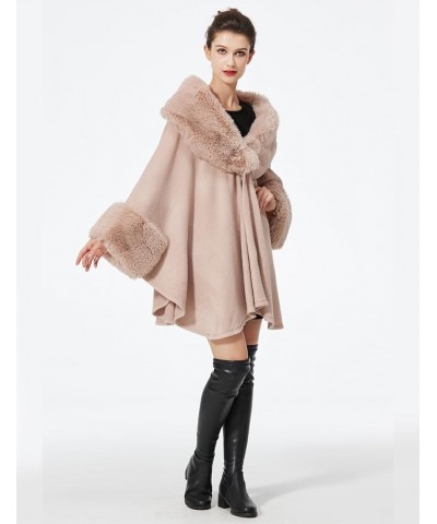 Women Cape Poncho with Fur Trim Winter Faux Fur Shawl Wrap Coat Sleeveless Cardigan Cloak Pink-new Update $31.28 Coats