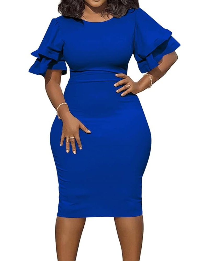 Women Elegant Midi Pencil Dress Ruffle Sleeve Round Neck Bodycon Cocktail Party Formal Dress Royal Blue $17.60 Dresses