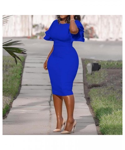 Women Elegant Midi Pencil Dress Ruffle Sleeve Round Neck Bodycon Cocktail Party Formal Dress Royal Blue $17.60 Dresses