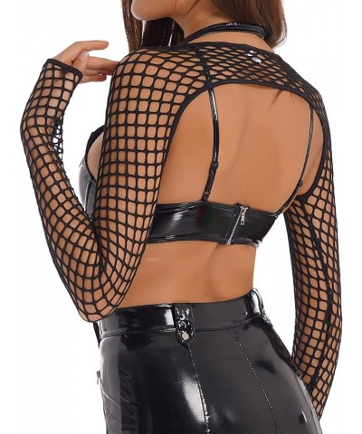 Womens Hollow Out Fishnet Crop Top See-Through Cover Ups O Ring Mock Neck Long Sleeve T-Shirt Blackfishnet $4.92 Others