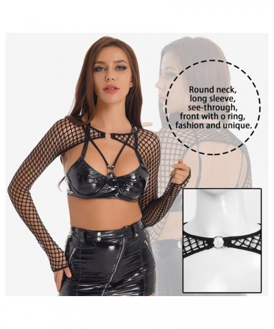 Womens Hollow Out Fishnet Crop Top See-Through Cover Ups O Ring Mock Neck Long Sleeve T-Shirt Blackfishnet $4.92 Others