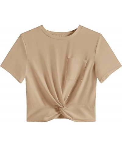 Women's Short Sleeve Twist Front Crop Tops Tee T-Shirt with Pocket. Light Khaki $8.80 T-Shirts