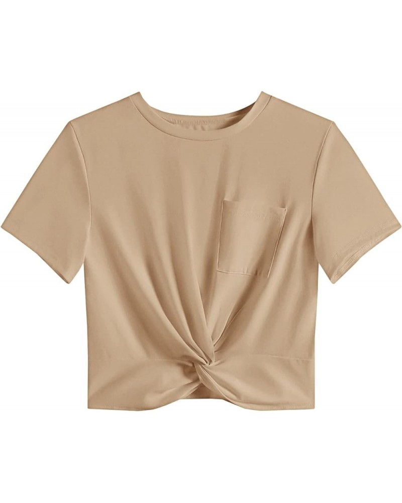 Women's Short Sleeve Twist Front Crop Tops Tee T-Shirt with Pocket. Light Khaki $8.80 T-Shirts