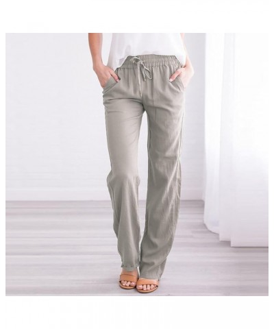 Linen Pants Women Plus Size Drawstring High Waist Wide Leg Long Pants Loose Casual Straight Leg Trousers with Pockets A03☀☀gr...