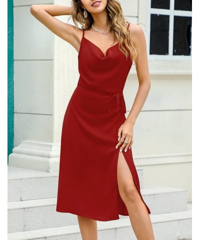 Womens Satin Cowl Neck Belted Dress Spaghetti Strap Cocktail Party Dress Sleeveless Cami Midi Dress Rust 10 $16.76 Activewear