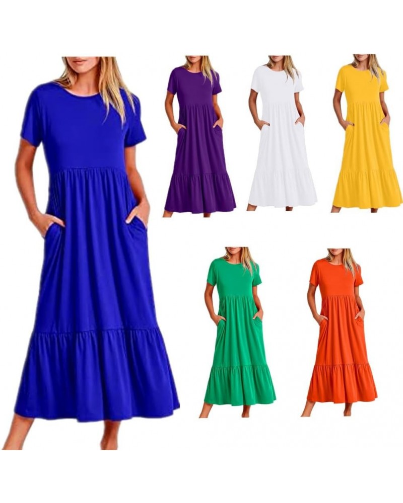 Women's 2023 Summer Casual Short Sleeve Crewneck Swing Dress Casual Flowy Tiered Maxi Beach Dress with Pockets Deep Blue $12....