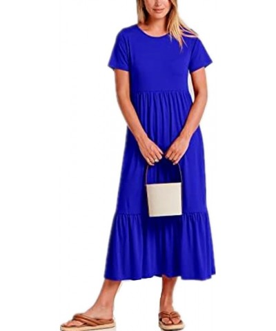 Women's 2023 Summer Casual Short Sleeve Crewneck Swing Dress Casual Flowy Tiered Maxi Beach Dress with Pockets Deep Blue $12....