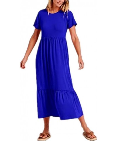 Women's 2023 Summer Casual Short Sleeve Crewneck Swing Dress Casual Flowy Tiered Maxi Beach Dress with Pockets Deep Blue $12....