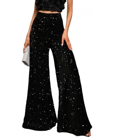 Women Sequin Flared Trousers High Waisted Sparkly Wide Leg Trousers Party Clubwear Shiny Bell Bottom Pants Velvet Black $15.2...