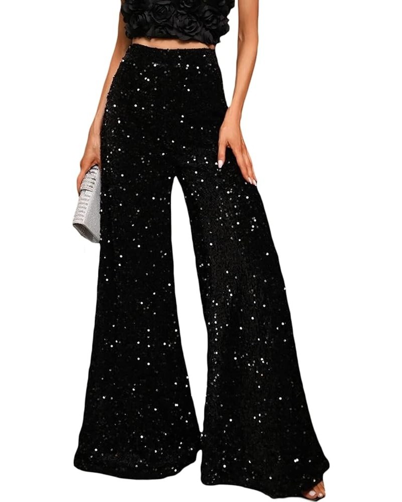 Women Sequin Flared Trousers High Waisted Sparkly Wide Leg Trousers Party Clubwear Shiny Bell Bottom Pants Velvet Black $15.2...