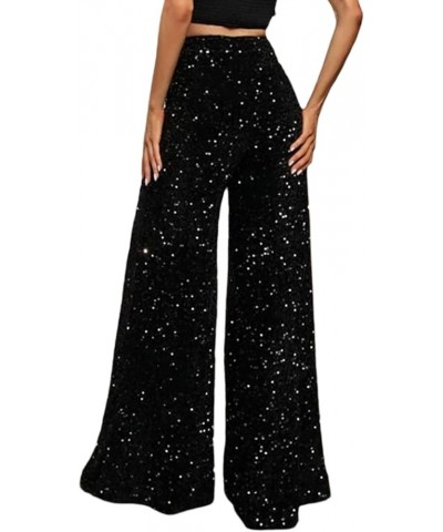 Women Sequin Flared Trousers High Waisted Sparkly Wide Leg Trousers Party Clubwear Shiny Bell Bottom Pants Velvet Black $15.2...