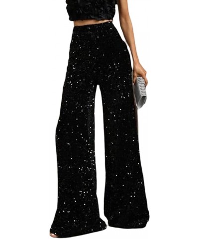 Women Sequin Flared Trousers High Waisted Sparkly Wide Leg Trousers Party Clubwear Shiny Bell Bottom Pants Velvet Black $15.2...