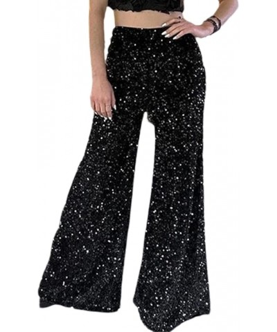 Women Sequin Flared Trousers High Waisted Sparkly Wide Leg Trousers Party Clubwear Shiny Bell Bottom Pants Velvet Black $15.2...