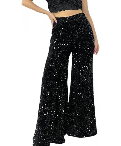 Women Sequin Flared Trousers High Waisted Sparkly Wide Leg Trousers Party Clubwear Shiny Bell Bottom Pants Velvet Black $15.2...