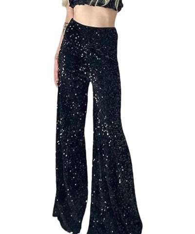 Women Sequin Flared Trousers High Waisted Sparkly Wide Leg Trousers Party Clubwear Shiny Bell Bottom Pants Velvet Black $15.2...