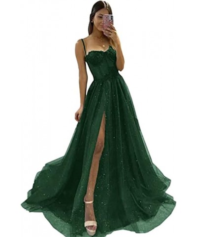 Tulle Prom Dresses Sparkly Spaghetti Straps Sparkly Sequin Evening Dress for Women with Slit Emerald Green $43.34 Dresses