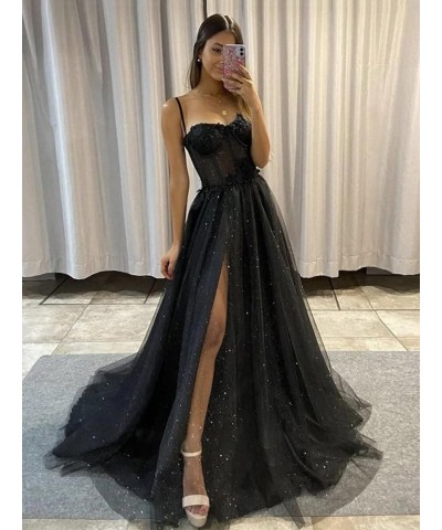 Tulle Prom Dresses Sparkly Spaghetti Straps Sparkly Sequin Evening Dress for Women with Slit Emerald Green $43.34 Dresses