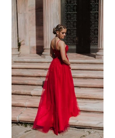 Tulle Prom Dresses Sparkly Spaghetti Straps Sparkly Sequin Evening Dress for Women with Slit Emerald Green $43.34 Dresses