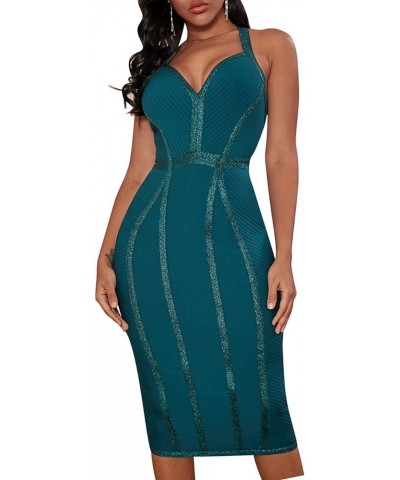 Women's Bandage Halter V Neck Midi Cocktial Bodycon Club Party Dress Green $32.50 Dresses