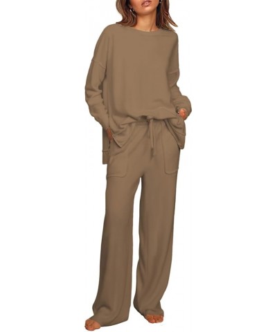 Lounge Sets for Women 2 Piece Outfits with Side Split Sweatshirt Tops and Wide Leg Sweatpants A-khaki $23.49 Activewear