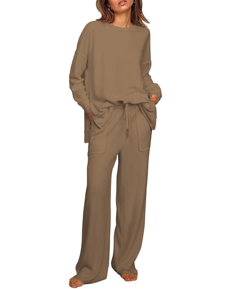 Lounge Sets for Women 2 Piece Outfits with Side Split Sweatshirt Tops and Wide Leg Sweatpants A-khaki $23.49 Activewear