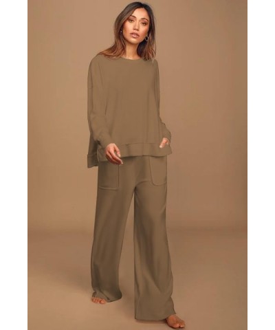 Lounge Sets for Women 2 Piece Outfits with Side Split Sweatshirt Tops and Wide Leg Sweatpants A-khaki $23.49 Activewear