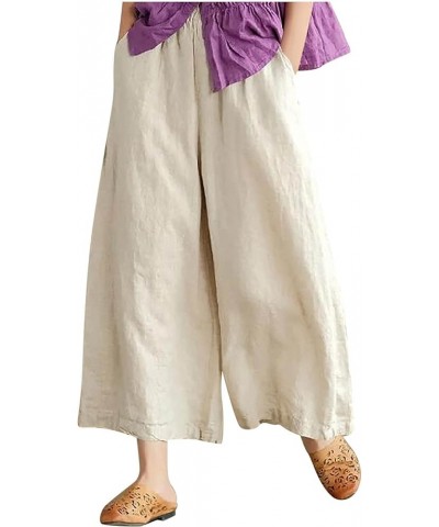 Wide Legged Pants for Women Cotton Linen Palazzo Trousers Boho Casual Capris Summer Crop Pants with Pockets J01-beige $9.89 P...