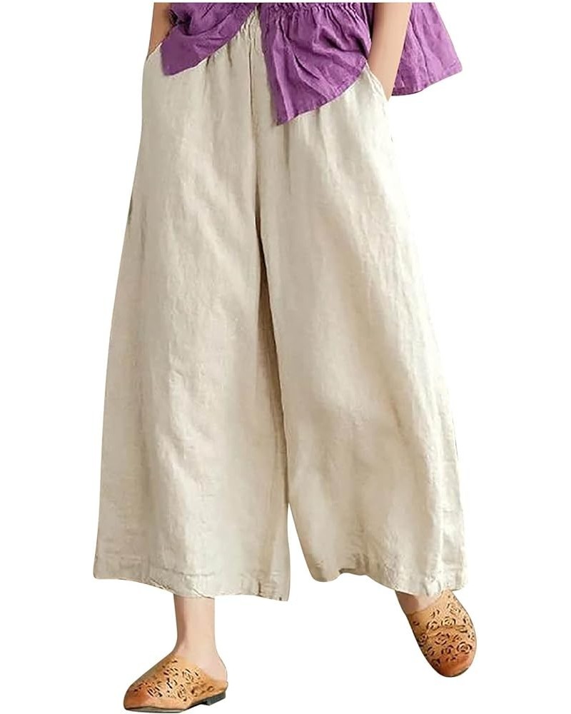 Wide Legged Pants for Women Cotton Linen Palazzo Trousers Boho Casual Capris Summer Crop Pants with Pockets J01-beige $9.89 P...