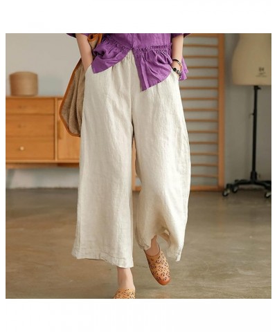 Wide Legged Pants for Women Cotton Linen Palazzo Trousers Boho Casual Capris Summer Crop Pants with Pockets J01-beige $9.89 P...