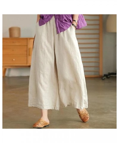 Wide Legged Pants for Women Cotton Linen Palazzo Trousers Boho Casual Capris Summer Crop Pants with Pockets J01-beige $9.89 P...