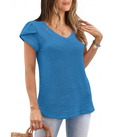 Womens Tops Dressy Casual Short Sleeve Summer Shirts Loose Fit Fashion V Neck Waffle Knit Z4-blue $12.75 Tops