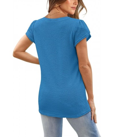 Womens Tops Dressy Casual Short Sleeve Summer Shirts Loose Fit Fashion V Neck Waffle Knit Z4-blue $12.75 Tops