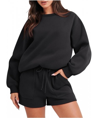 Women 2 Piece Outfits Fall Workout Sets Sweatsuit Oversized Sweatshirt Shorts Lounge Sets 2023 Trendy Preppy Clothes A04 Blac...