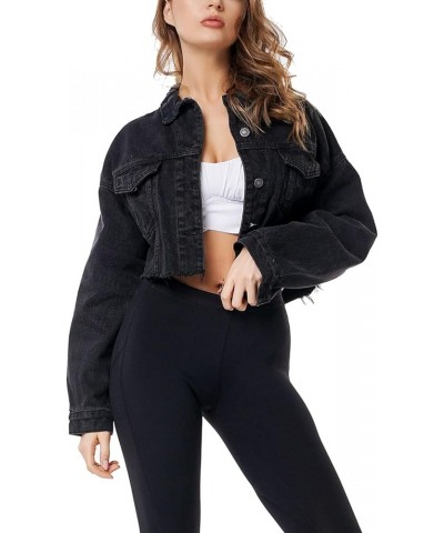 Women's Cropped Ripped Distressed Denim Jacket Casual Button Down Loose Jeans Coat Fringe with Frayed Hem Black $22.95 Jackets