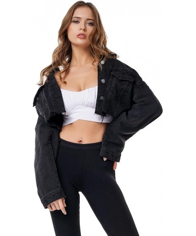 Women's Cropped Ripped Distressed Denim Jacket Casual Button Down Loose Jeans Coat Fringe with Frayed Hem Black $22.95 Jackets