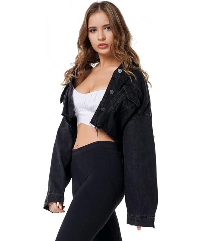 Women's Cropped Ripped Distressed Denim Jacket Casual Button Down Loose Jeans Coat Fringe with Frayed Hem Black $22.95 Jackets