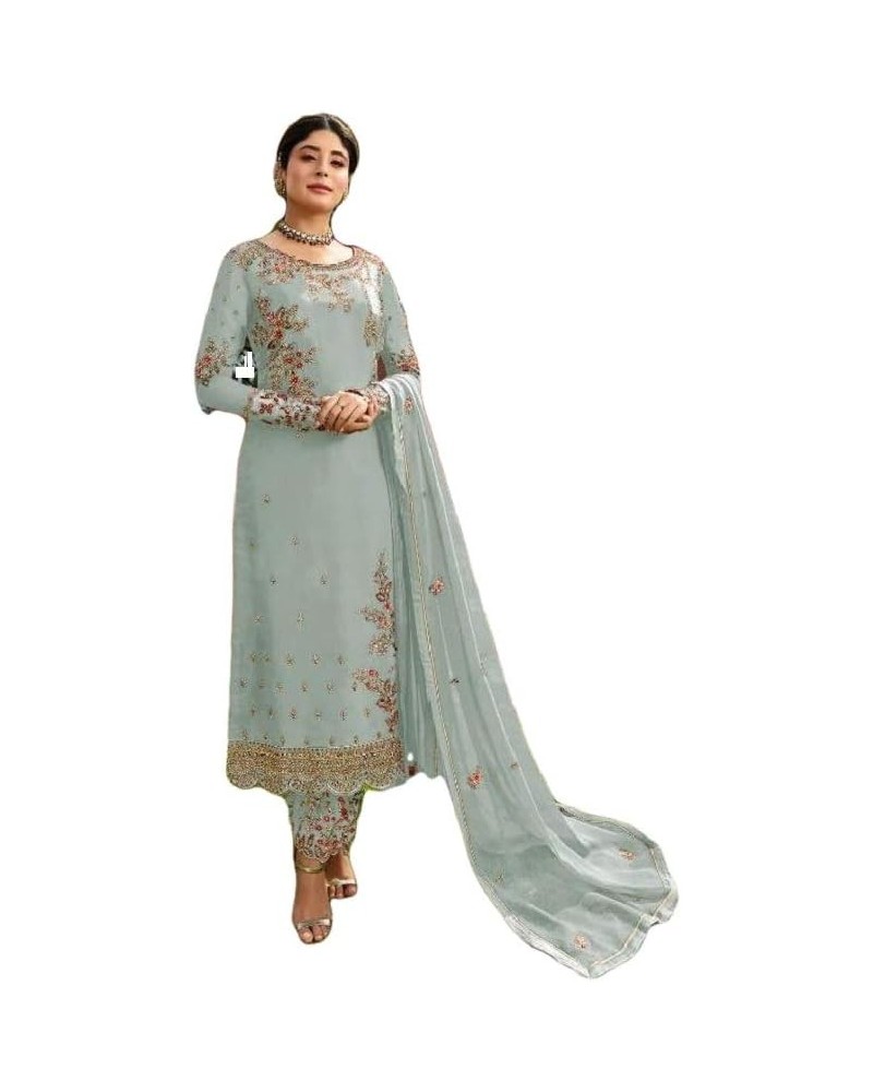 Ready to Wear Indian Pakistani Ethnic Wear Designer Straight Salwar Kameez Churidar Suit for Womens Sky Blue $32.90 Suits