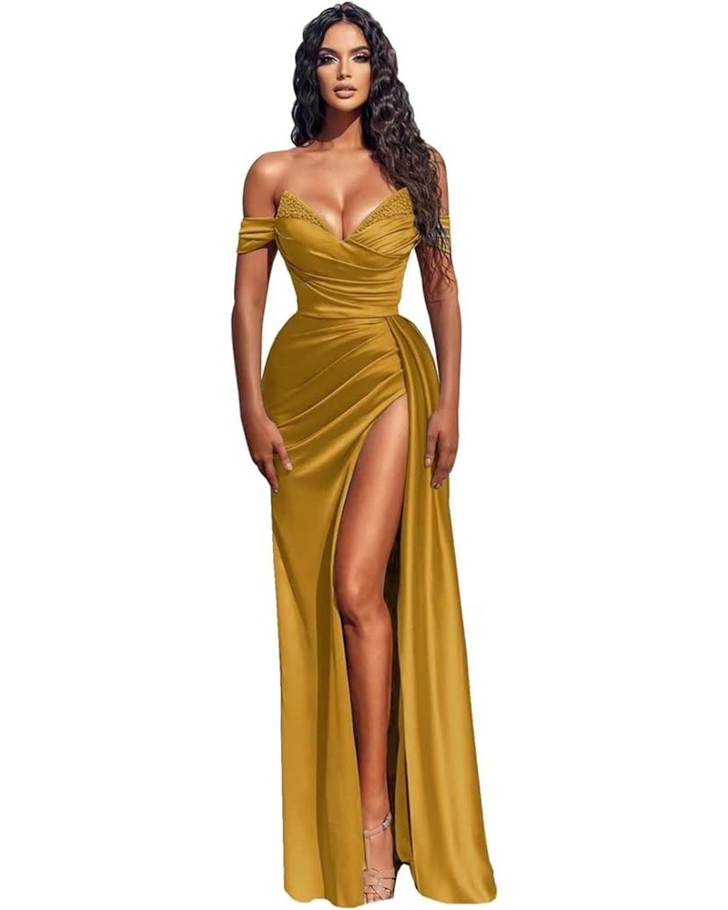 Mermaid Dress High Slit Prom Dresses 2023 Ball Gowns Slit Beaded Formal Evening Party Dress Gold $40.80 Dresses