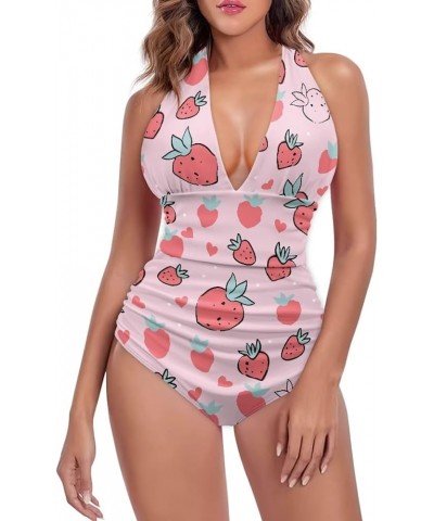 Women's Halter Swimsuit One Piece Bathing Suit V-Neck Tummy Control Swimwear Strawberry 4 $17.35 Swimsuits