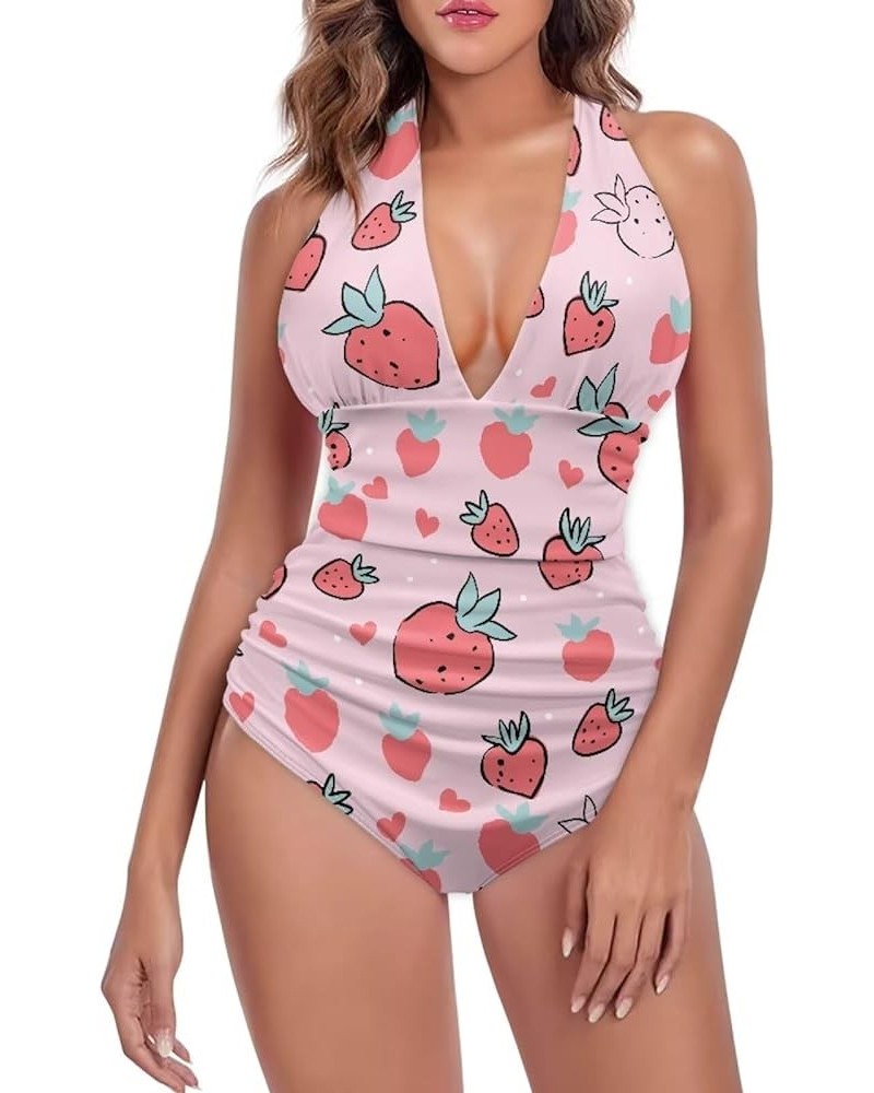 Women's Halter Swimsuit One Piece Bathing Suit V-Neck Tummy Control Swimwear Strawberry 4 $17.35 Swimsuits