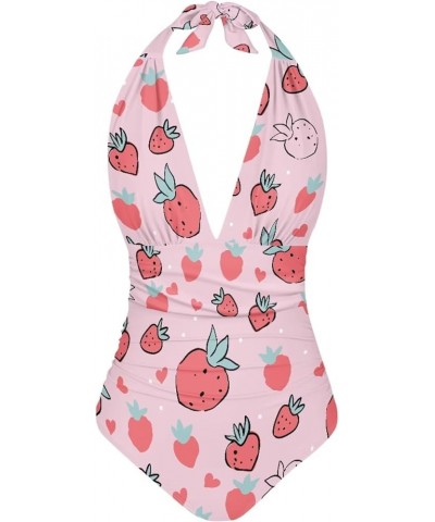 Women's Halter Swimsuit One Piece Bathing Suit V-Neck Tummy Control Swimwear Strawberry 4 $17.35 Swimsuits