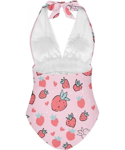 Women's Halter Swimsuit One Piece Bathing Suit V-Neck Tummy Control Swimwear Strawberry 4 $17.35 Swimsuits