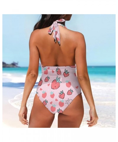 Women's Halter Swimsuit One Piece Bathing Suit V-Neck Tummy Control Swimwear Strawberry 4 $17.35 Swimsuits