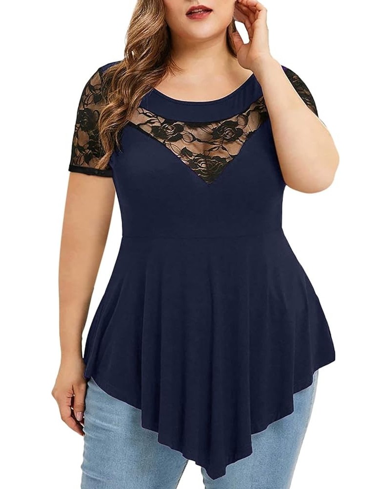 Womens Plus Size Tops O-Neck Asymmetric Short Sleeve Tunics Lace Blouse Shirts for Summer Casual S-5X Navy Blue $12.75 Tops