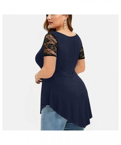 Womens Plus Size Tops O-Neck Asymmetric Short Sleeve Tunics Lace Blouse Shirts for Summer Casual S-5X Navy Blue $12.75 Tops