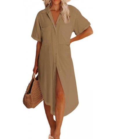 Womens Summer Button Down Short Sleeve Side Split Shirt Dress Beach Cover ups Cardigan with Pockets Brown $17.50 Swimsuits