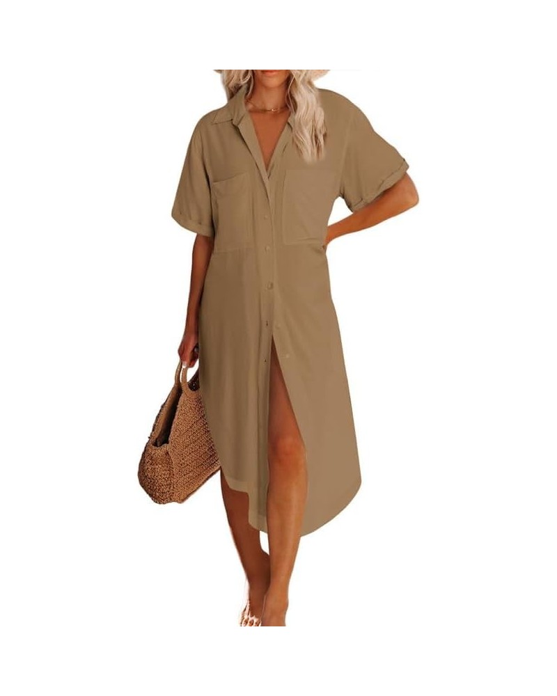 Womens Summer Button Down Short Sleeve Side Split Shirt Dress Beach Cover ups Cardigan with Pockets Brown $17.50 Swimsuits