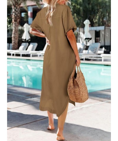 Womens Summer Button Down Short Sleeve Side Split Shirt Dress Beach Cover ups Cardigan with Pockets Brown $17.50 Swimsuits