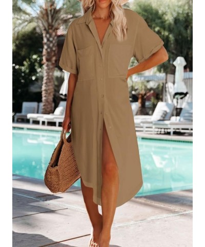 Womens Summer Button Down Short Sleeve Side Split Shirt Dress Beach Cover ups Cardigan with Pockets Brown $17.50 Swimsuits